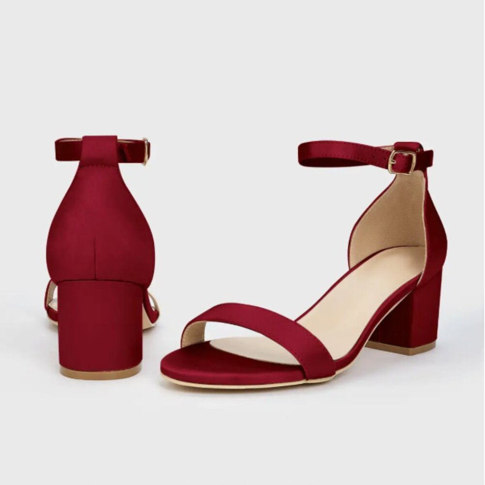 Azazie Matte Satin One Strap Buckle Block Heel Sandals Burgundy